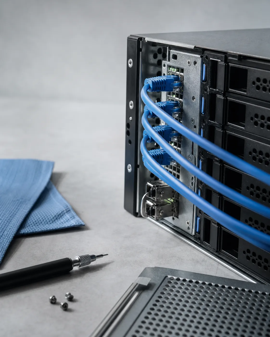 Server-Hardware mit Netzwerkanschlüssen auf einer technischen Werkbank